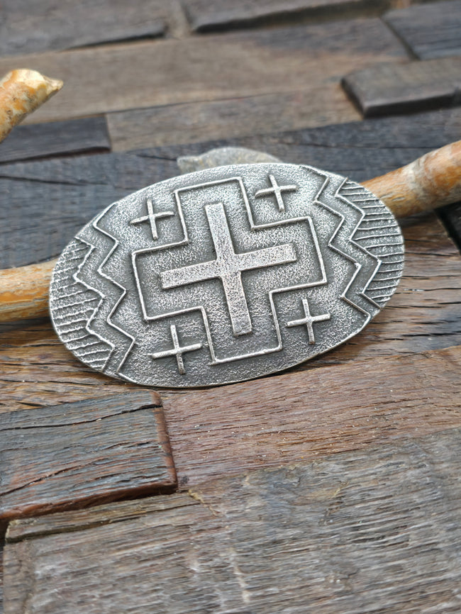 Cast Sterling Silver Santa Fe Cross Buckle by Stan Yazzie - 4 in. by 2 1/2 in.