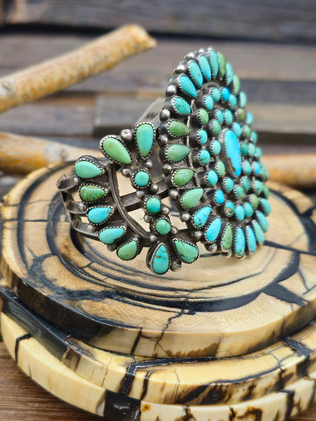 Vintage/Estate Blue/Green Turquoise Cluster Sterling Silver Cuff - 6 1/2 in.