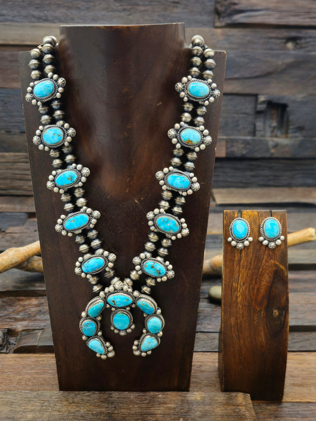 Lone Mountain Turquoise Squash Blossom Necklace and Earring set by LaRose Ganadanegro 22 in