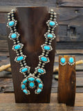 Lone Mountain Turquoise Squash Blossom Necklace and Earring set by LaRose Ganadanegro 22 in