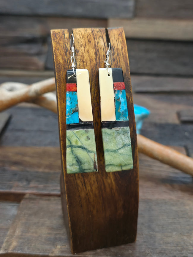 Turquoise, Jet, Apple Coral and Shell Mosaic Inlay Earrings by Torevia Crespin