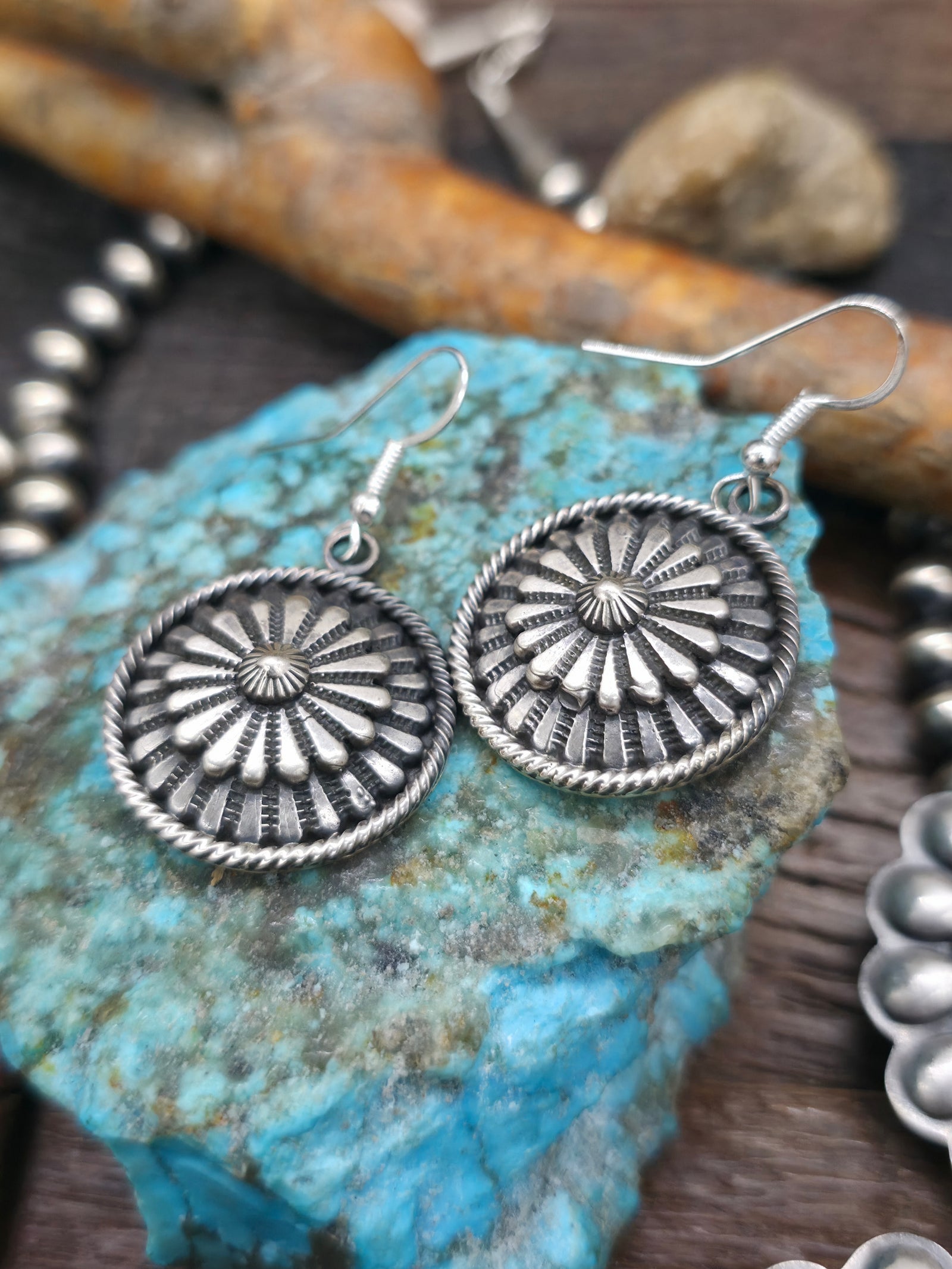 Sterling Silver Squash Blossom Necklace and Earring Set by Tom Lewis - 26 in.