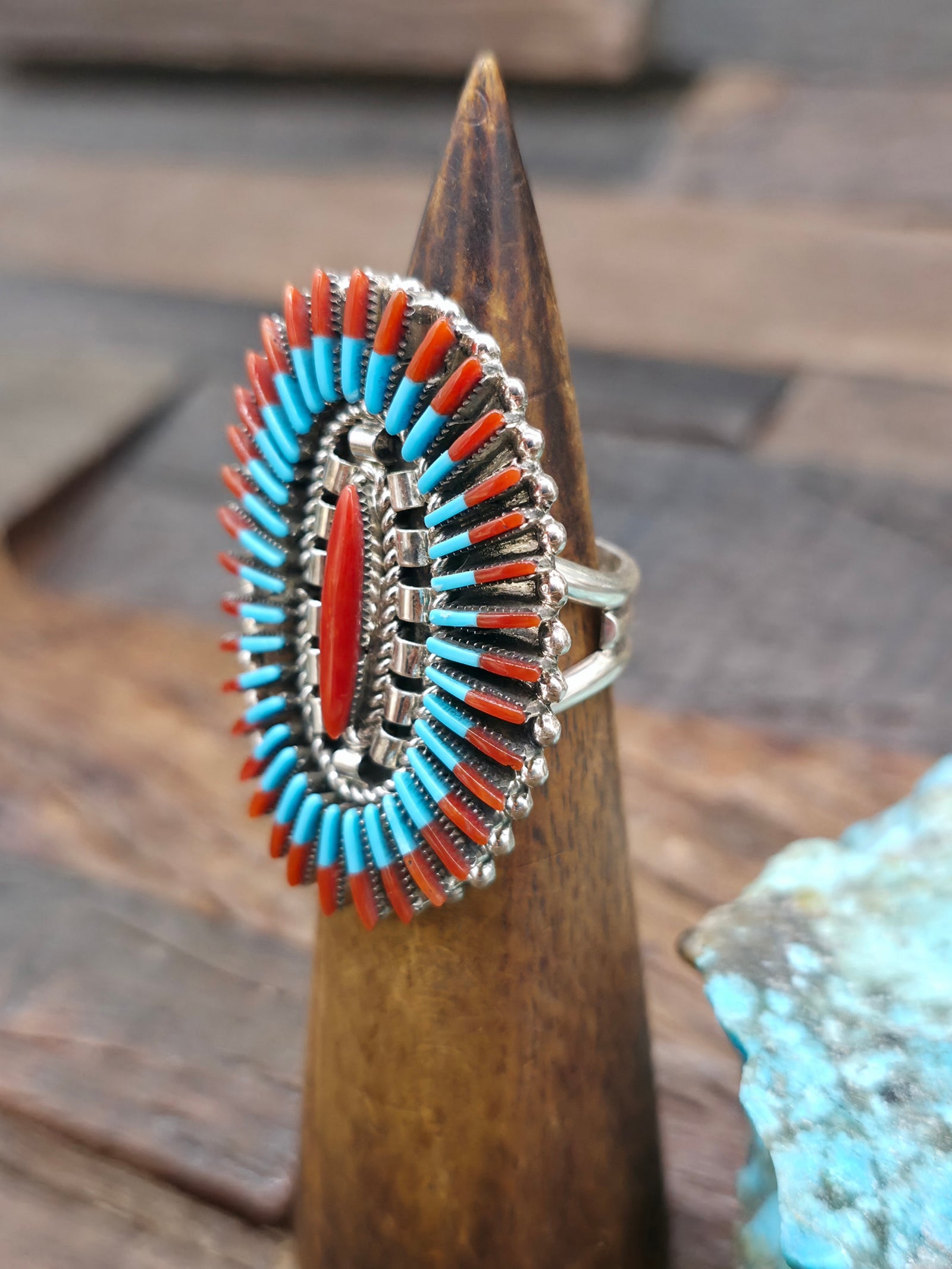 Sterling Silver Turquoise and Coral Needlepoint Ring by Baron Cooeyate - Size 10