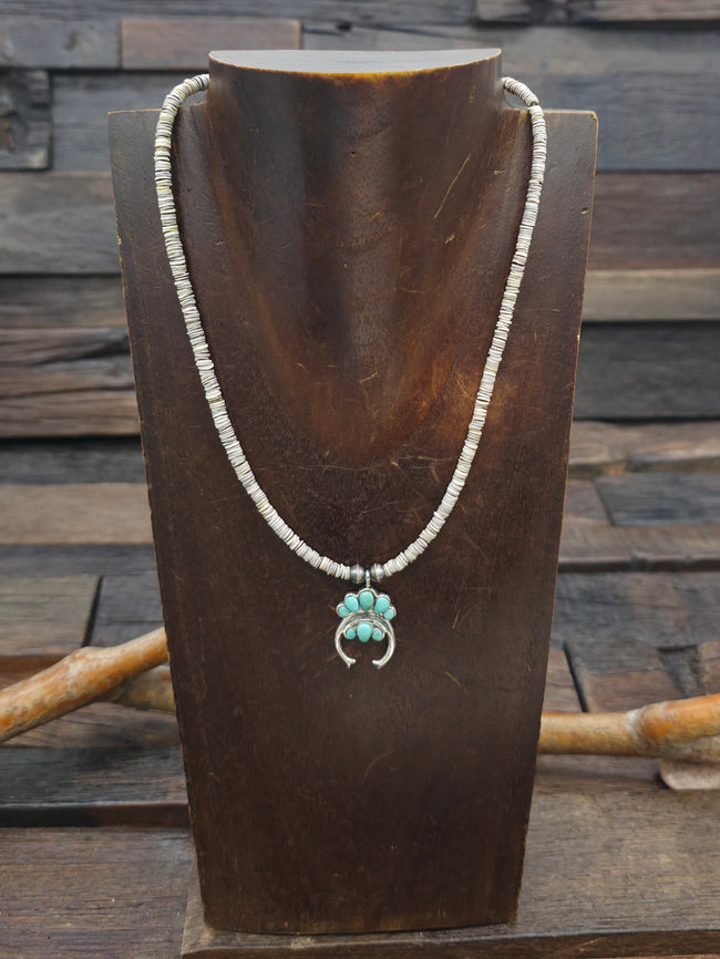 Heishi Necklace with Turquoise and Sterling Silver Naja Pendant - 16 in.
