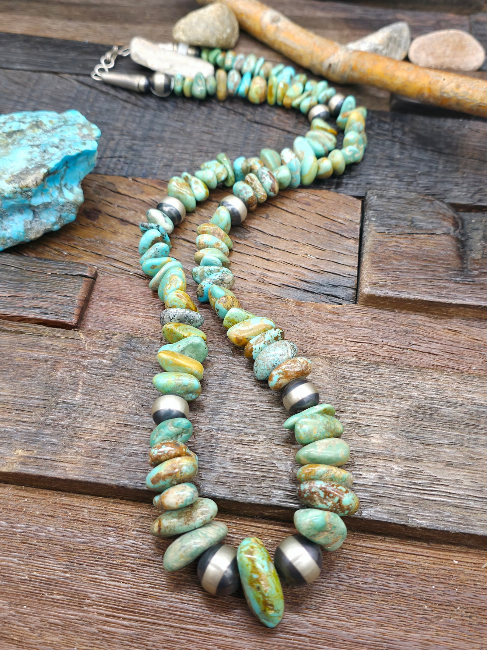 Kingman Turquoise and Sterling Silver Bead Necklace by Fred Archuleta - 30 in.
