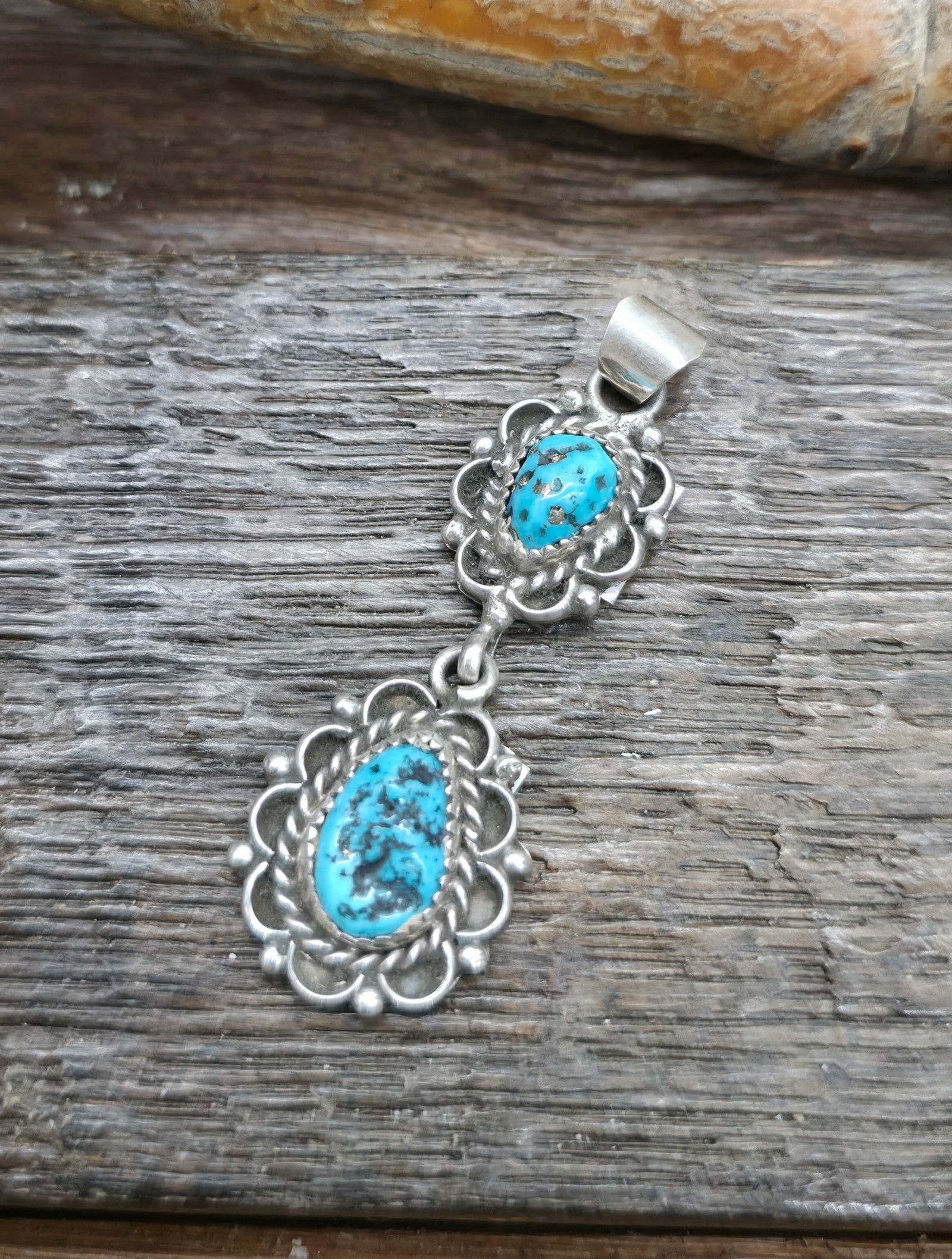 Sterling Silver Turquoise Two Stone Pendant by Fredia Martinez - 1 3/4 in by 5/8 in.