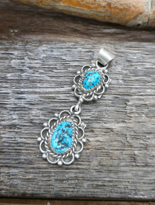 Sterling Silver Turquoise Two Stone Pendant by Fredia Martinez - 1 3/4 in by 5/8 in.