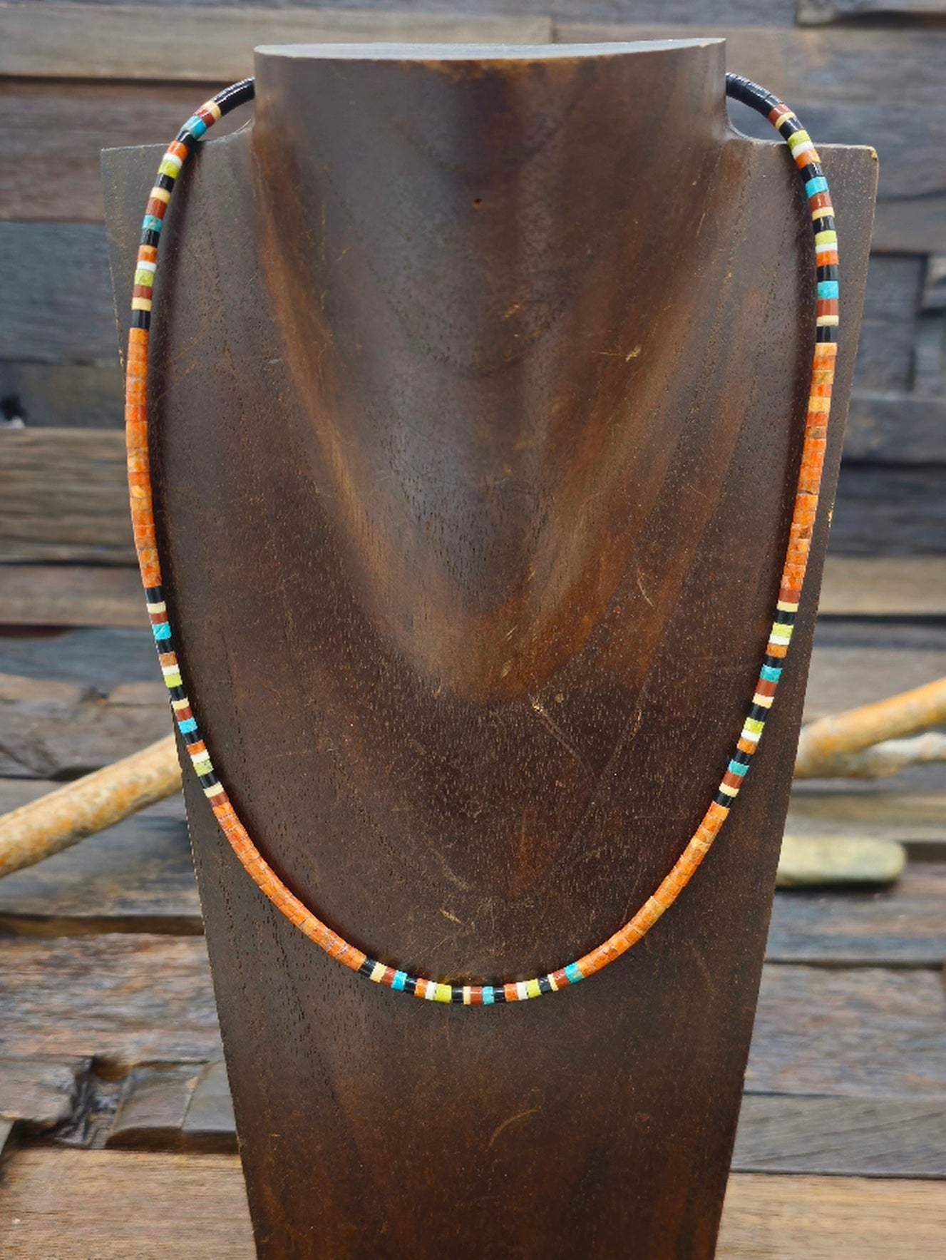 Orange Sponge Coral, Jet, and Multistone Santo Domingo Necklace by Dorene Calabaza 18 in.