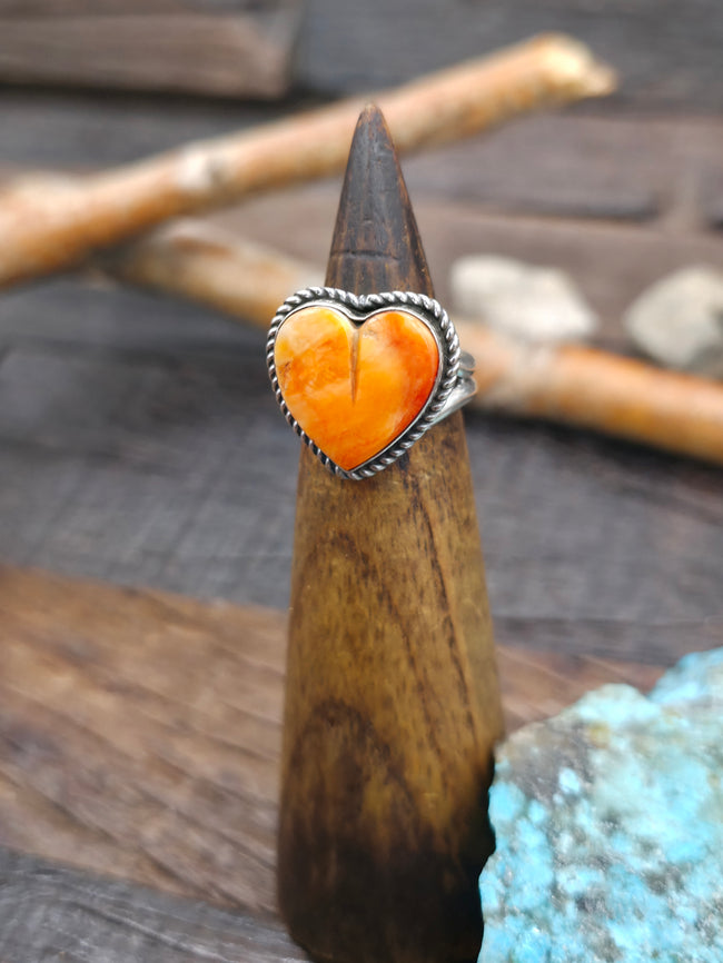 Sterling Silver Orange Spiny Oyster Heart Ring by Randall Enditto - Adjustable