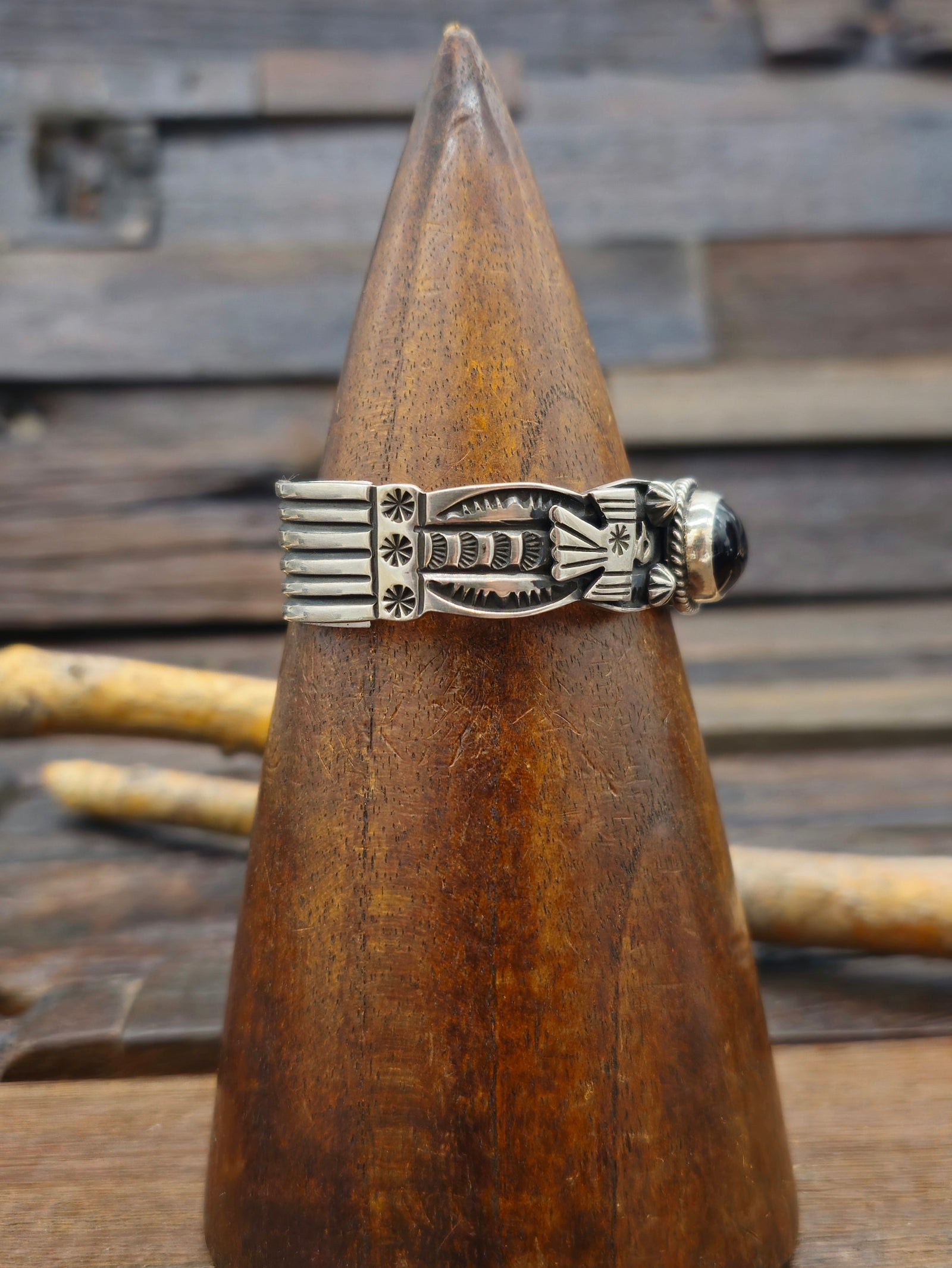 Black Onyx Sterling Silver Thunderbird Cuff by Andy Cadman - 6 1/2 in.