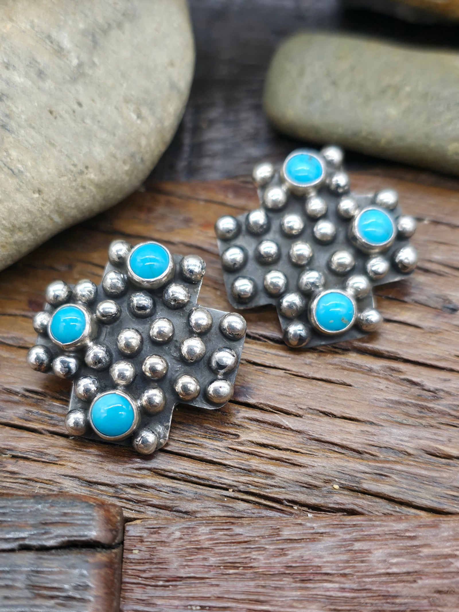Sterling Silver Santa Fe Cross Post Earrings with Turquoise and Raindrops by Geneva Apachito