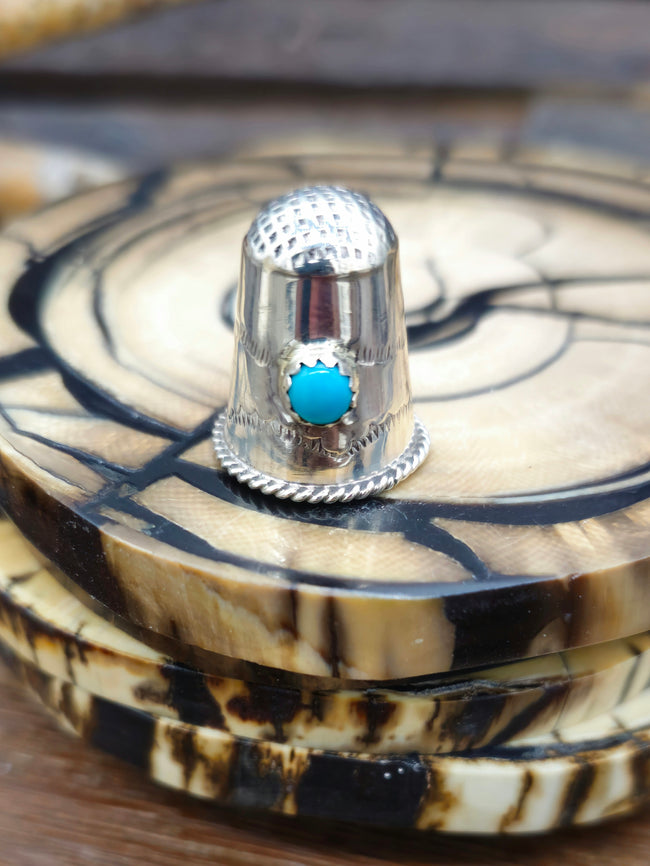 Stamped Sterling Silver Thimble with Turquoise by Jeffrey Castillo