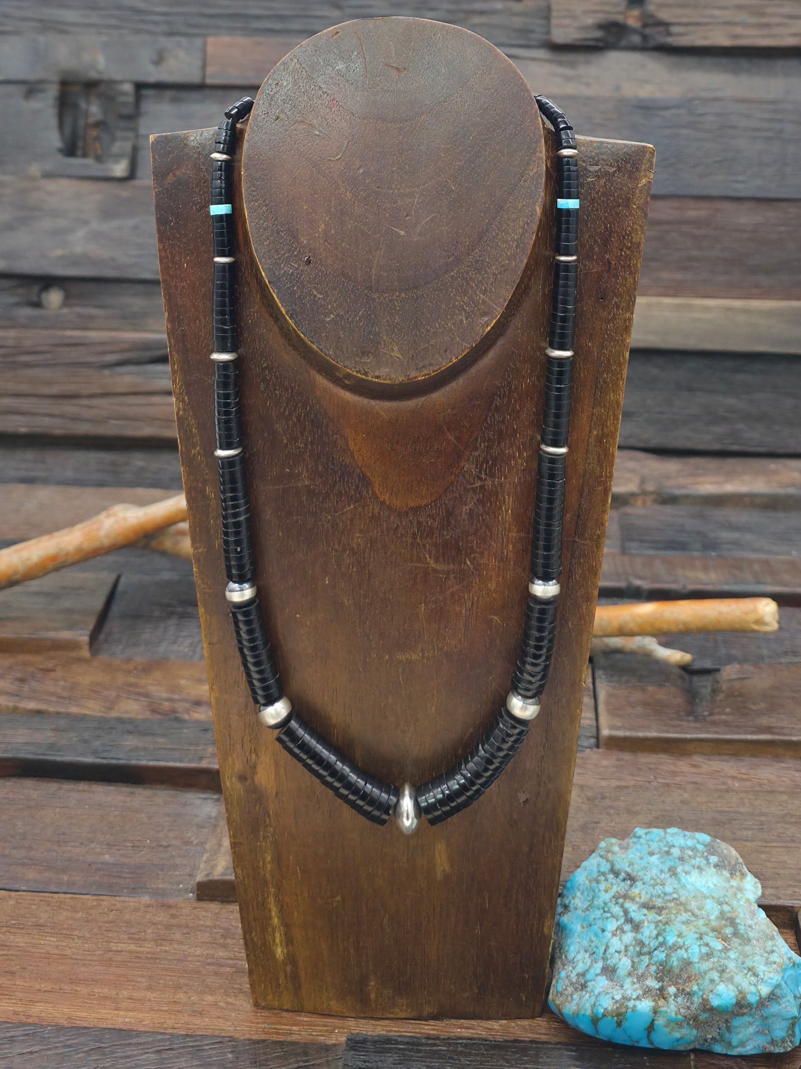 Graduated Jet Heishi Necklace with Sterling Silver and Turquoise Beads - 20 in.