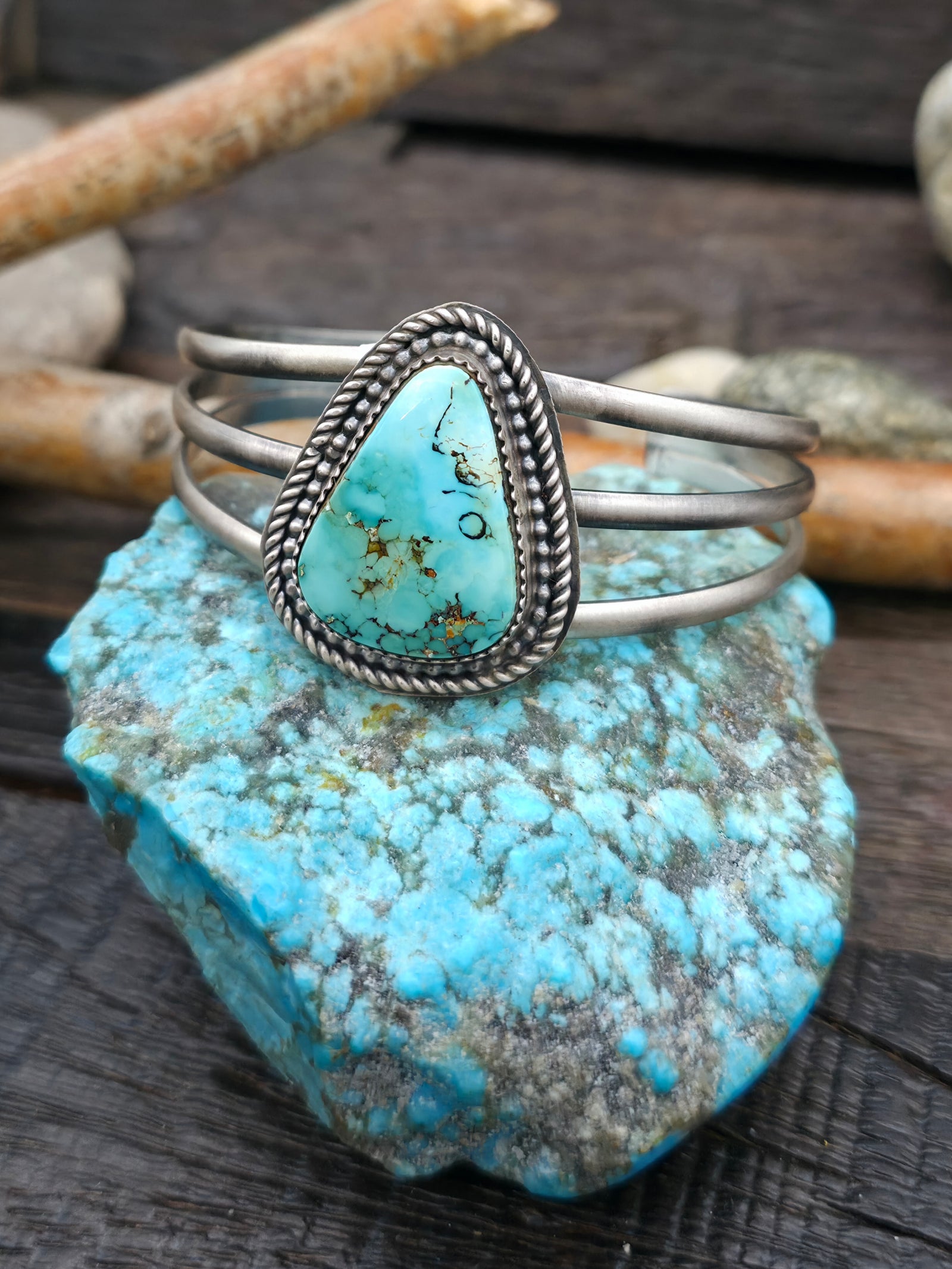 Brushed Sterling Silver and Royston Turquoise Cuff by LaRose Ganadanegro - 6 1/2 in.