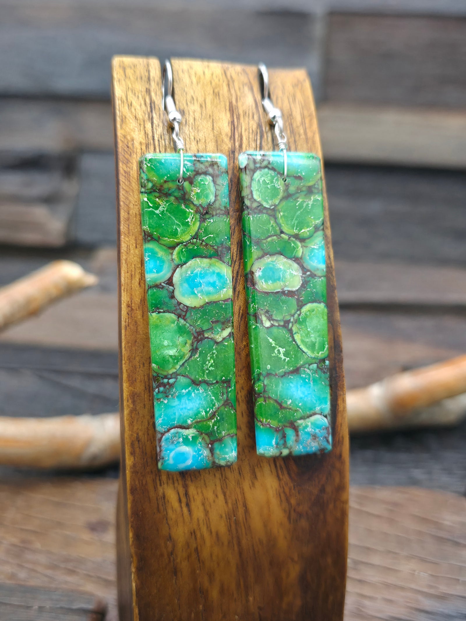 Green Composite Turquoise Slab Earrings by Jameson Pete - 3 in. by 3/4 in.