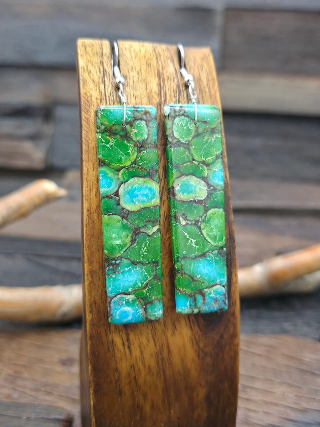 Green Composite Turquoise Slab Earrings by Jameson Pete - 3 in. by 3/4 in.