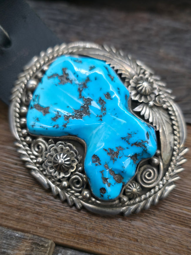 Sterling Silver Leaf Applique and Sleeping Beauty Turquoise Nugget Concho Belt by Ben Begaye - 54 in.