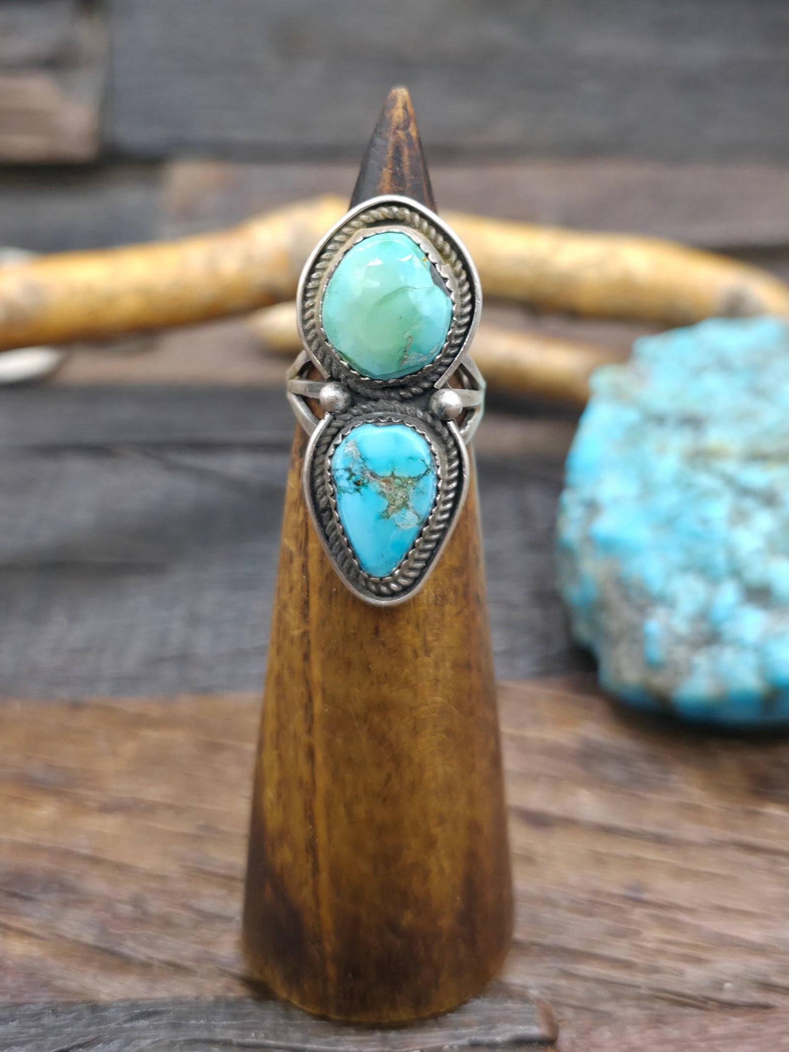 Two Stone Sterling Silver Blue Gem Turquoise Ring by L. Ganado - Size 7