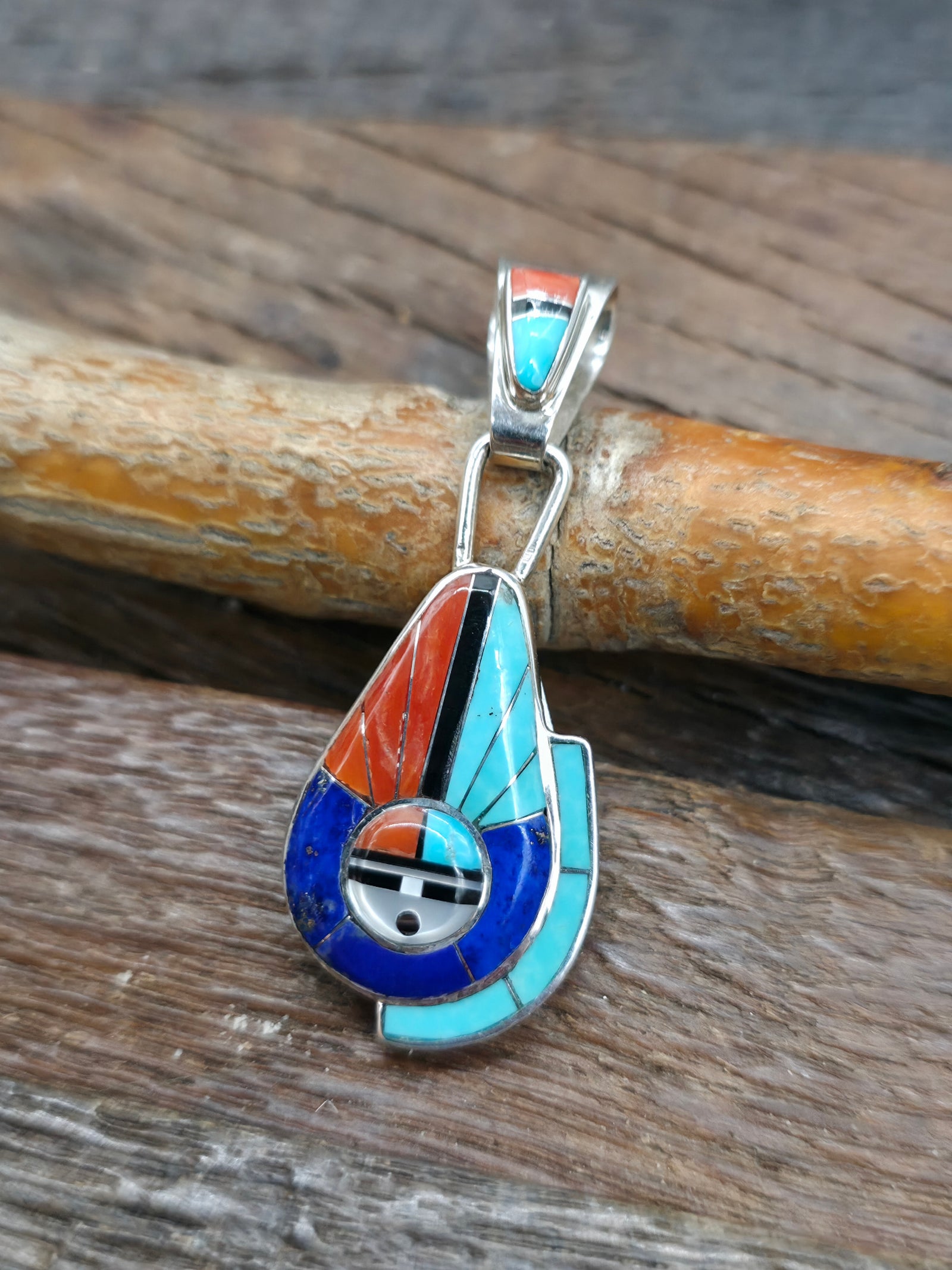 Teardrop Sterling Silver Zuni Inlay Sun Face Pendant by Don Dewa - 2 in. by 7/8 in.