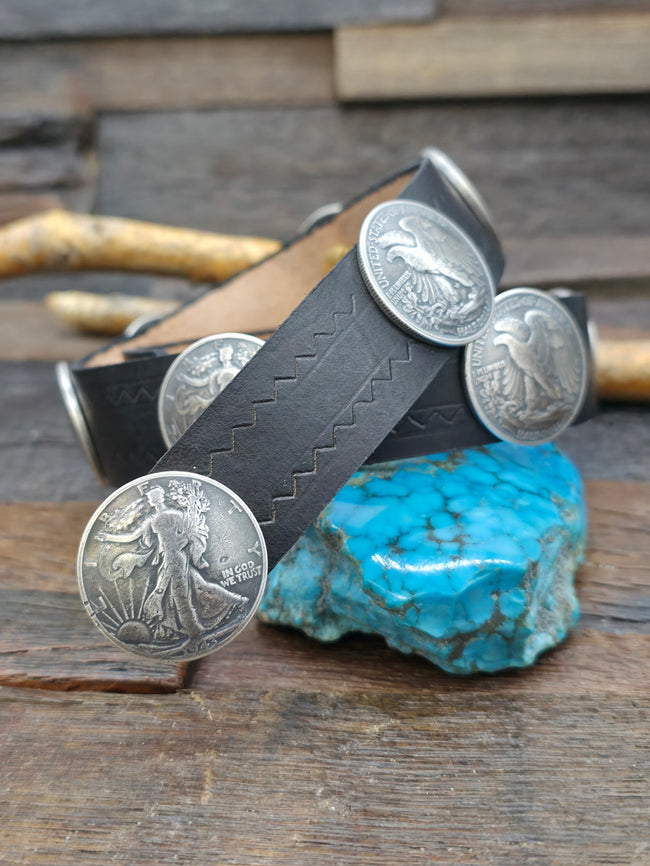 Black Leather Hat Band with Liberty Half Dollars - 27 in.