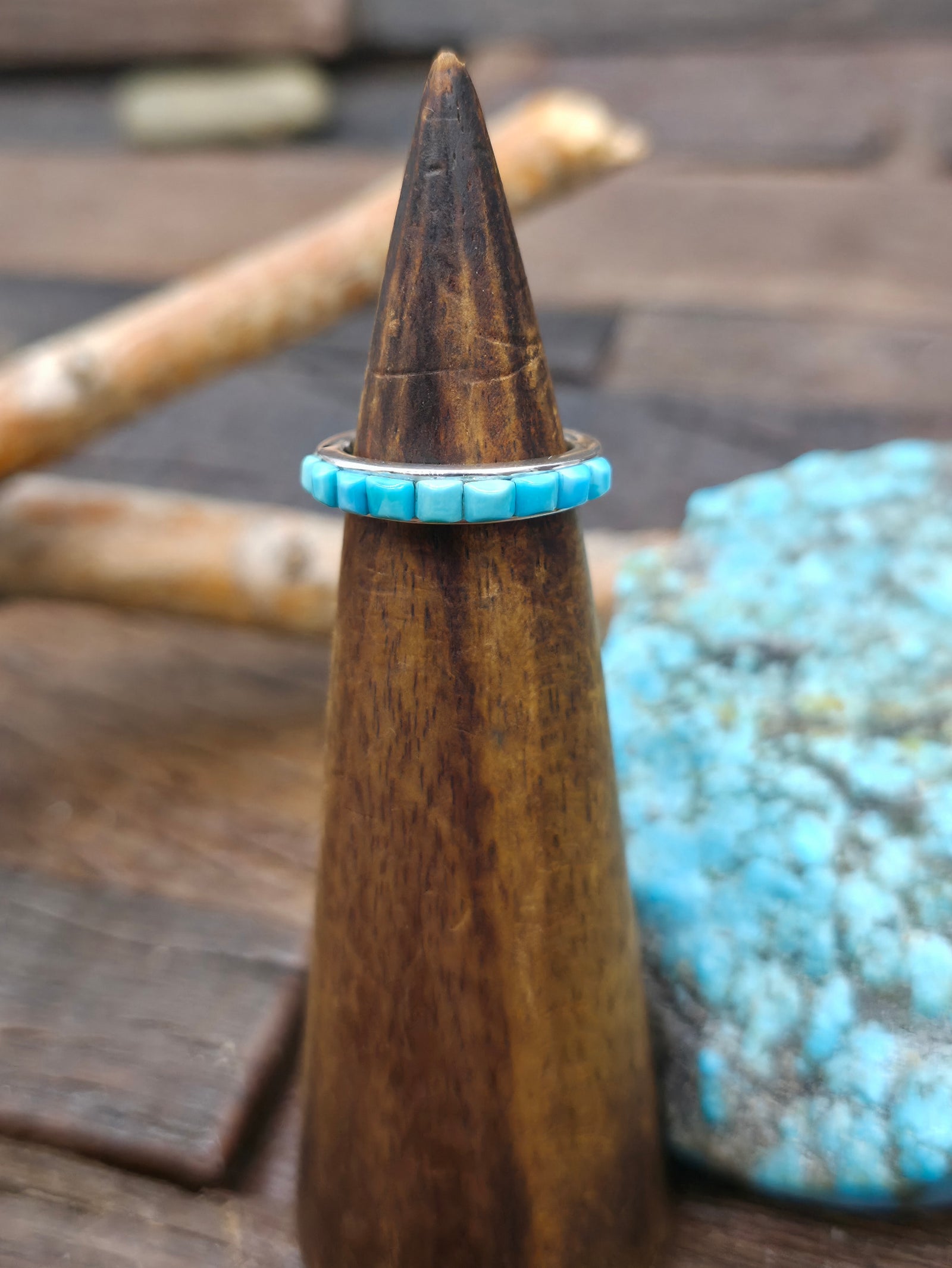 Turquoise Cobblestone Inlay Sterling Silver Ring by Albert Topaha - Size 6