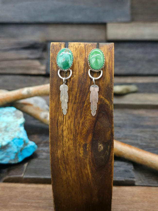 Green Turquoise Feather Post Earrings by Pearlene Spencer