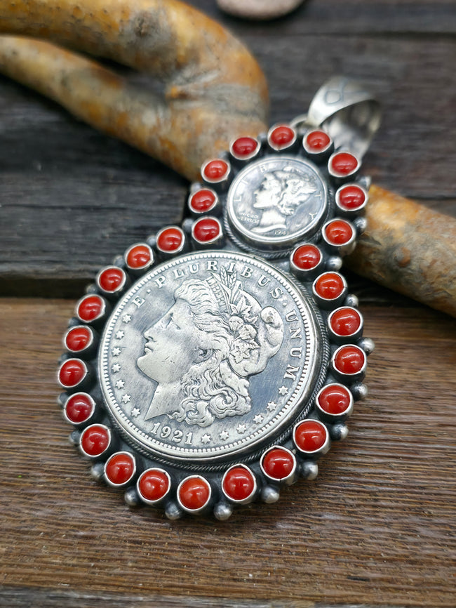 1921 Liberty Dollar and 1943 Mercury Dime Coin Silver Pendant with Coral by Betty Tom