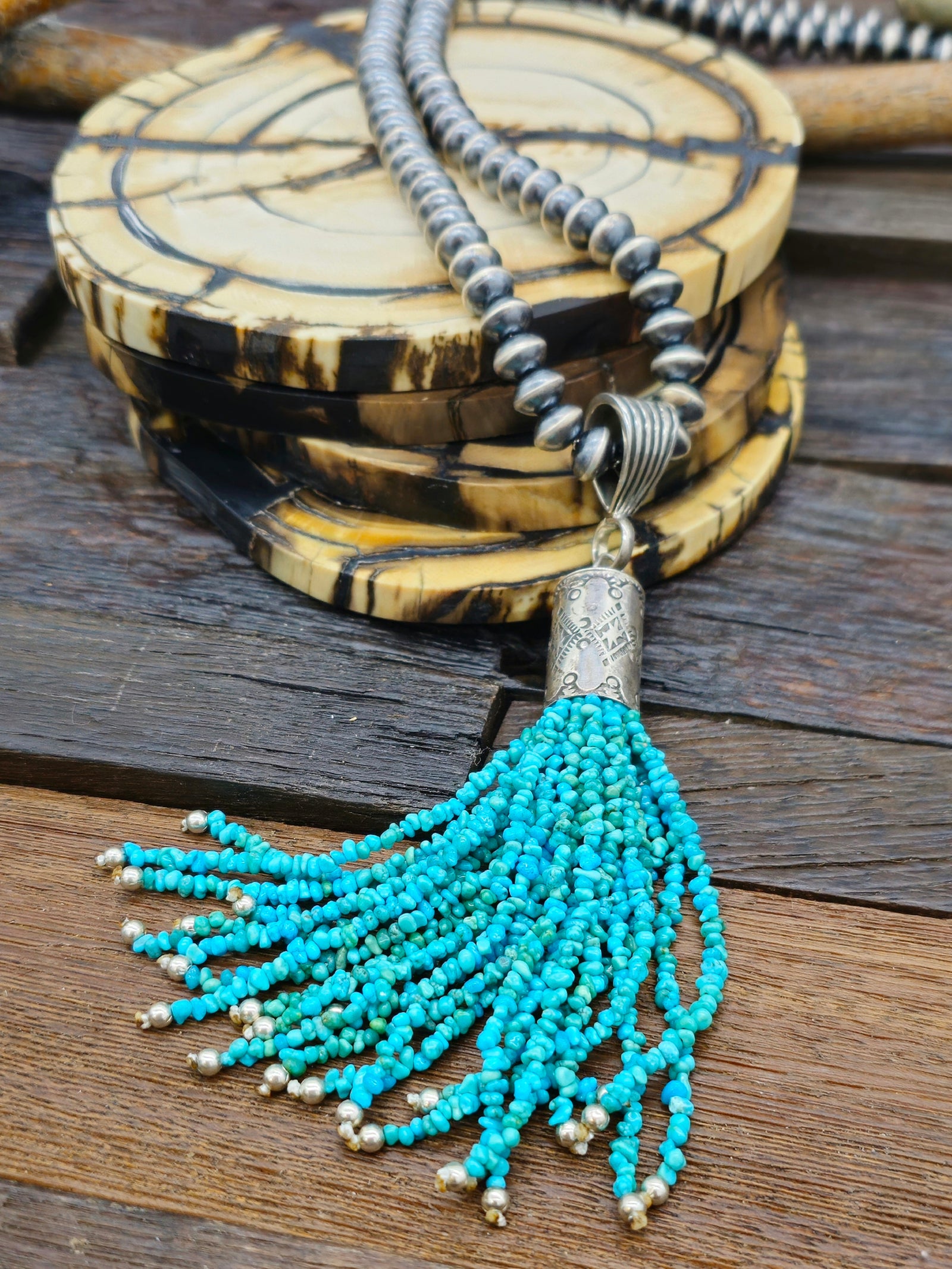 Turquoise Tassel Necklace on Sterling Silver Oxidized Beads 23 in