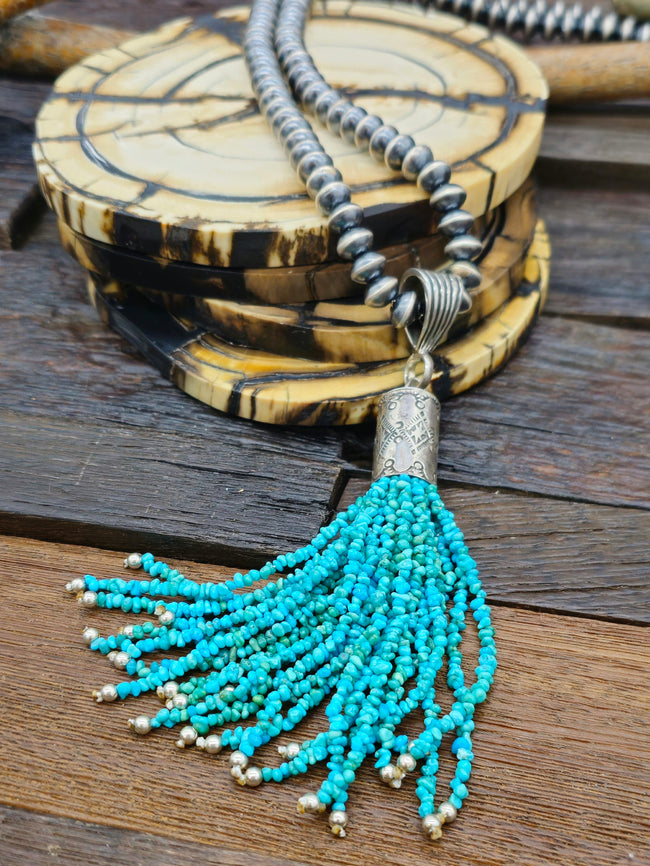 Turquoise Tassel Necklace on Sterling Silver Oxidized Beads 23 in