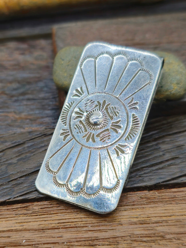 Repousse Stampwork Sterling Silver Money Clip by Bertha Begay 2" by 1"