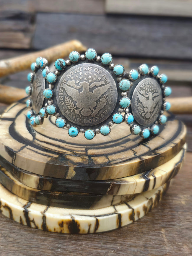 Eagle Half Dollar and Quarter Bracelet with Turquoise - 6 3/4 in.