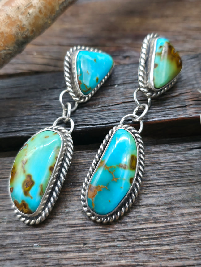 Turquoise and Sterling Silver Leaf Applique Squash Blossom Necklace and Earring Set by Leonard Platero - 30 in.