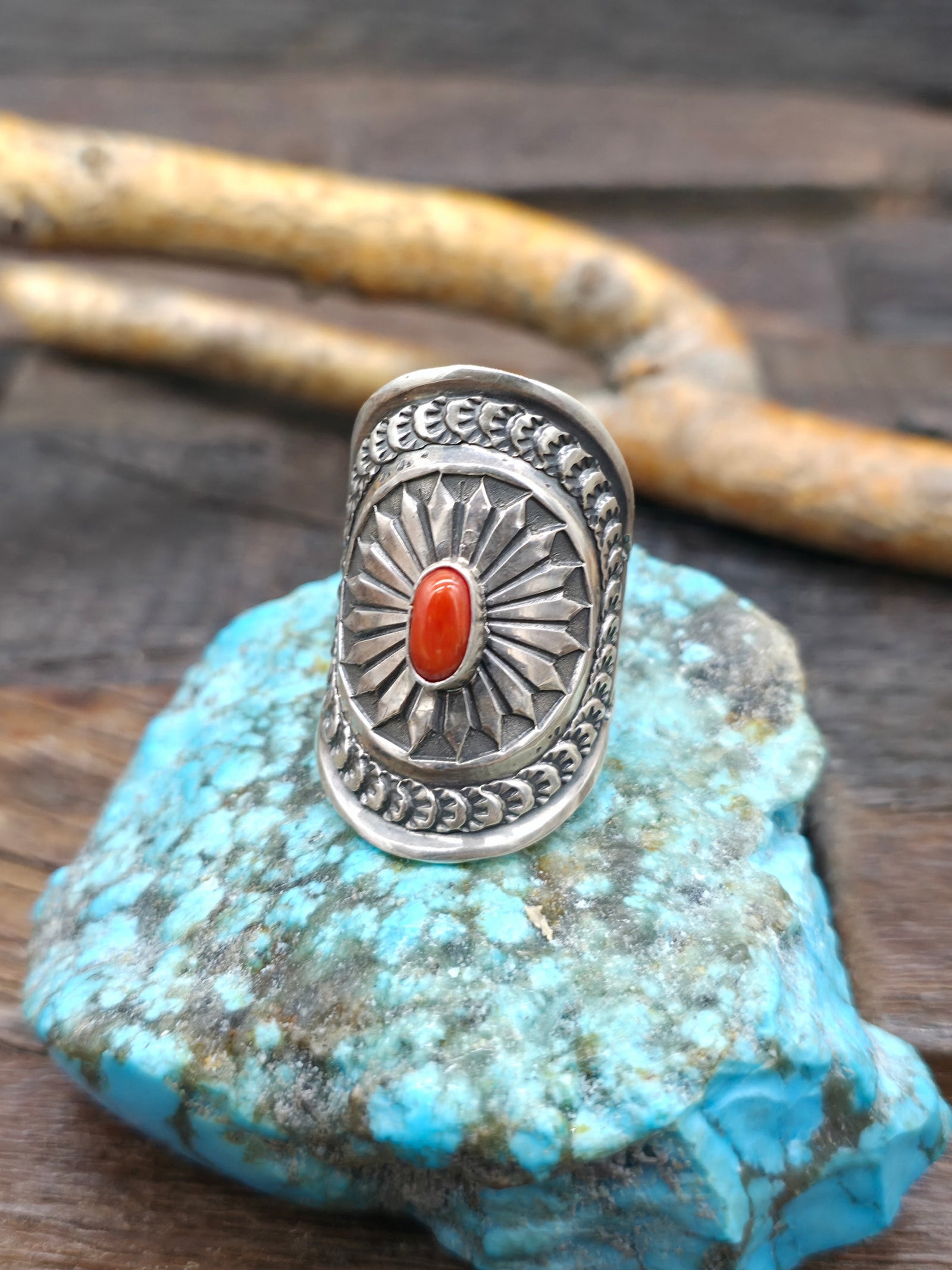 Stamped Sterling Silver Saddle Ring with Coral by Sunshine Reeves - Size 12