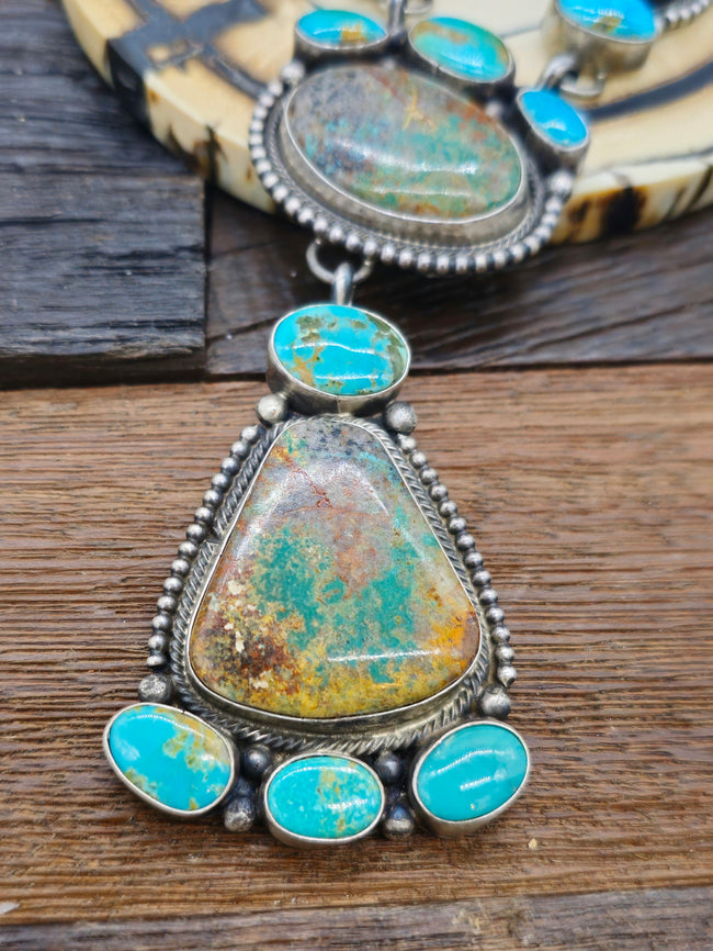 Blue and Green Turquoise Sterling Silver Lariat Necklace and Earring Set by Shelia Becenti - 28 in