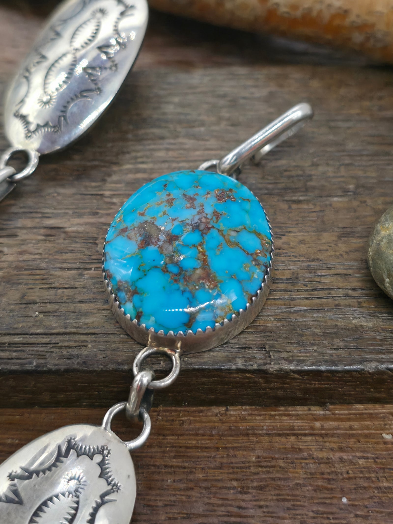 Stamped Sterling Silver Link Belt with Turquoise Buckle by Thomas Nez - 43 1/2 in.