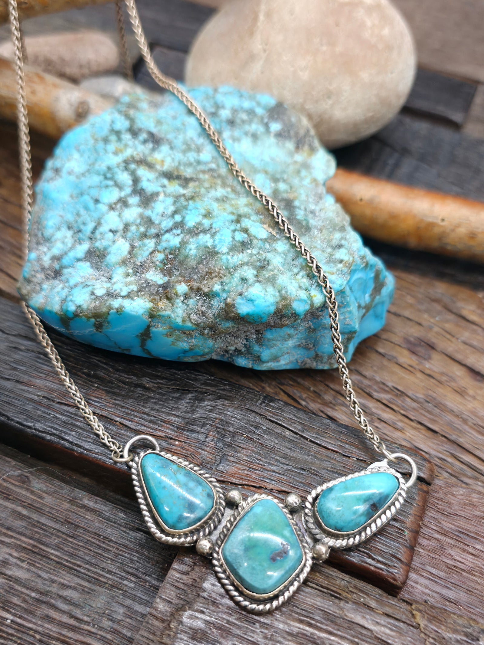 Three Stone Turquoise Bar Necklace on Sterling Silver Chain by Fred Peters -  20 in.