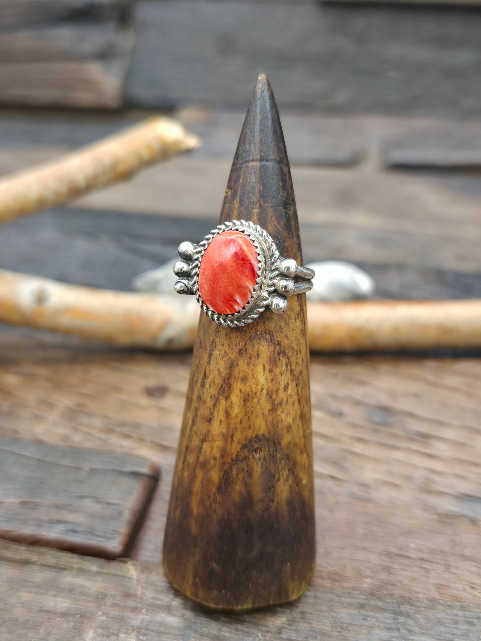 Sterling Silver Orange Spiny Oval Ring by Leslie Nez - Size 9 1/2