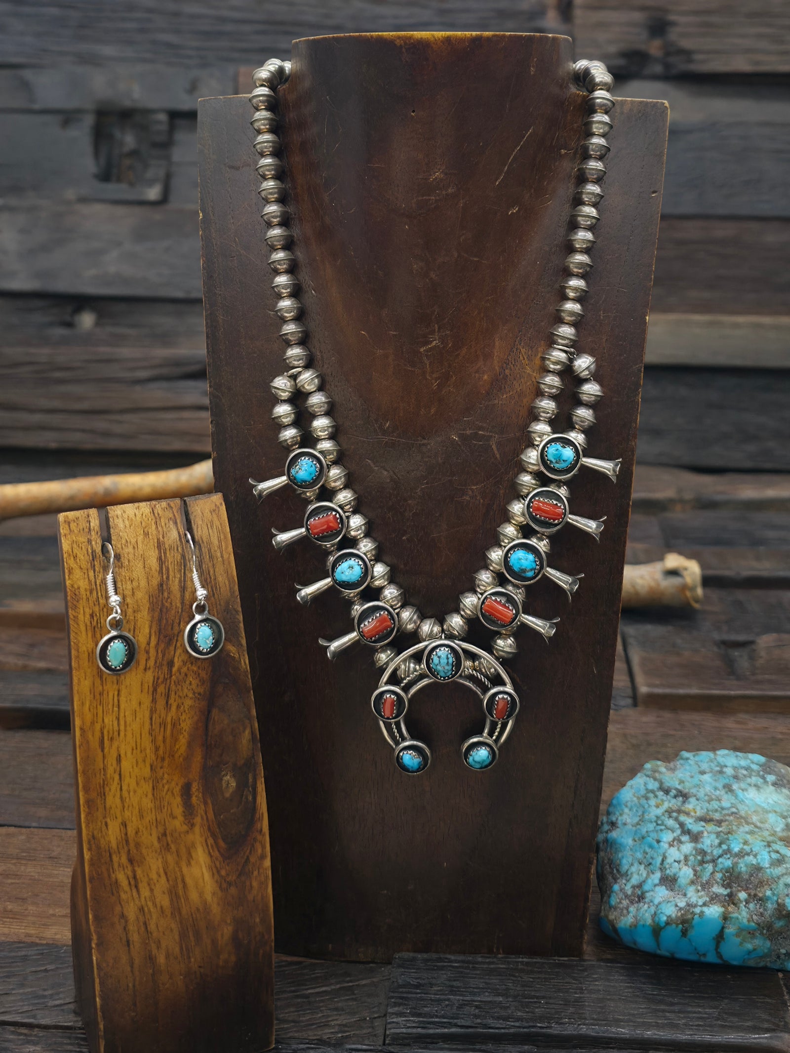 Sterling Silver Turquoise and Coral Squash Blossom Necklace and Earring Set by Phil and Lenora Garcia - 18 in.