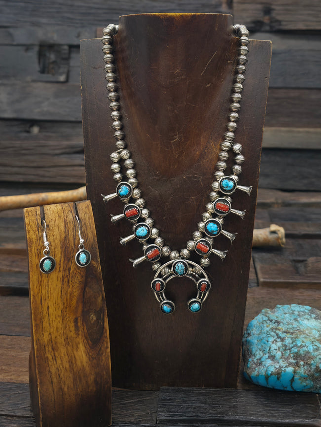 Sterling Silver Turquoise and Coral Squash Blossom Necklace and Earring Set by Phil and Lenora Garcia - 18 in.
