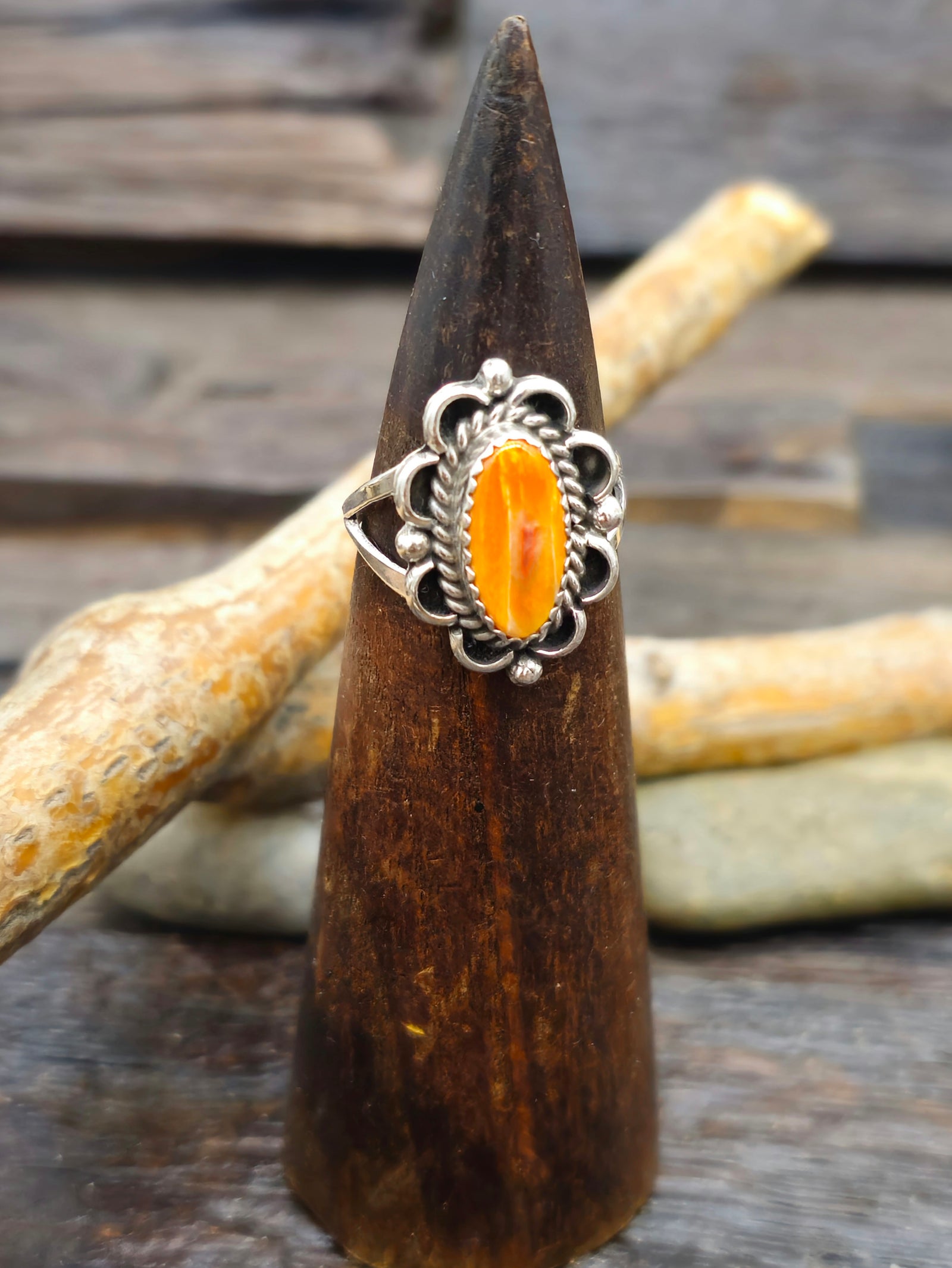 Sterling Silver and Orange Spiny Oyster Ring by Priscilla Smith- Size 9