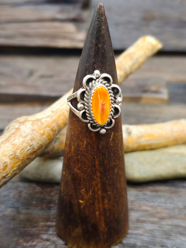 Sterling Silver and Orange Spiny Oyster Ring by Priscilla Smith- Size 9