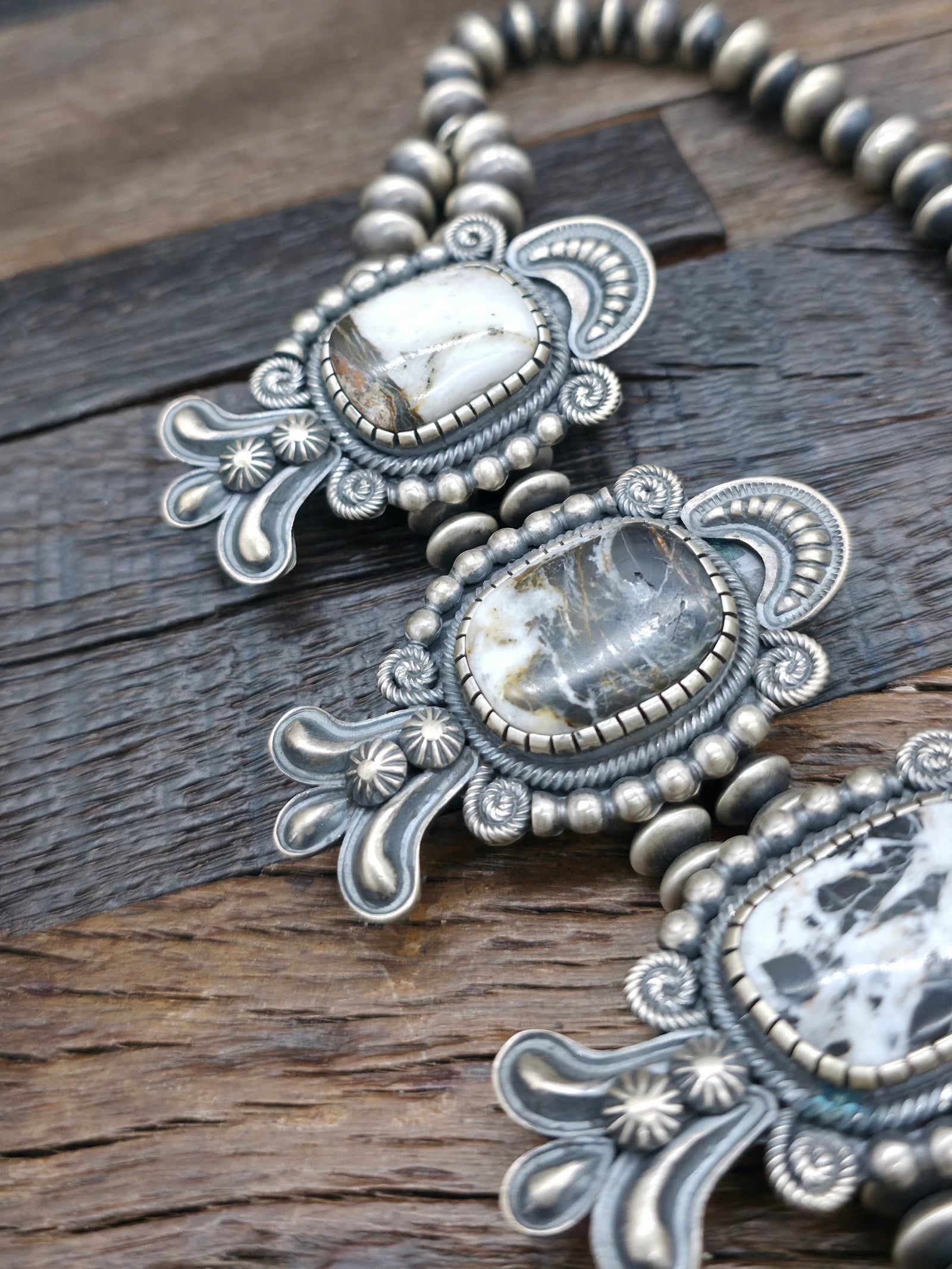 Extra Large Stamped Sterling Silver White Buffalo Squash Blossom Necklace by Leon Martinez - 30 in.