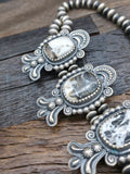 Extra Large Stamped Sterling Silver White Buffalo Squash Blossom Necklace by Leon Martinez - 30 in.