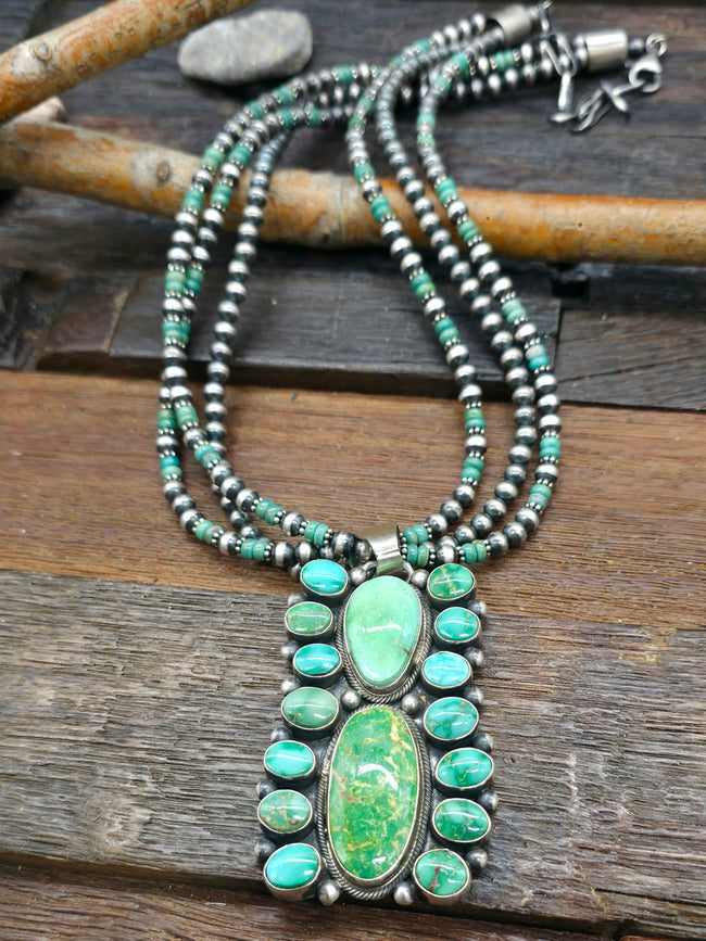 Three Strand Sterling Silver and Turquoise Necklace with Sonoran Cluster Pendant by Paul Livingston - 20 in w/3 1/2 in. Extender