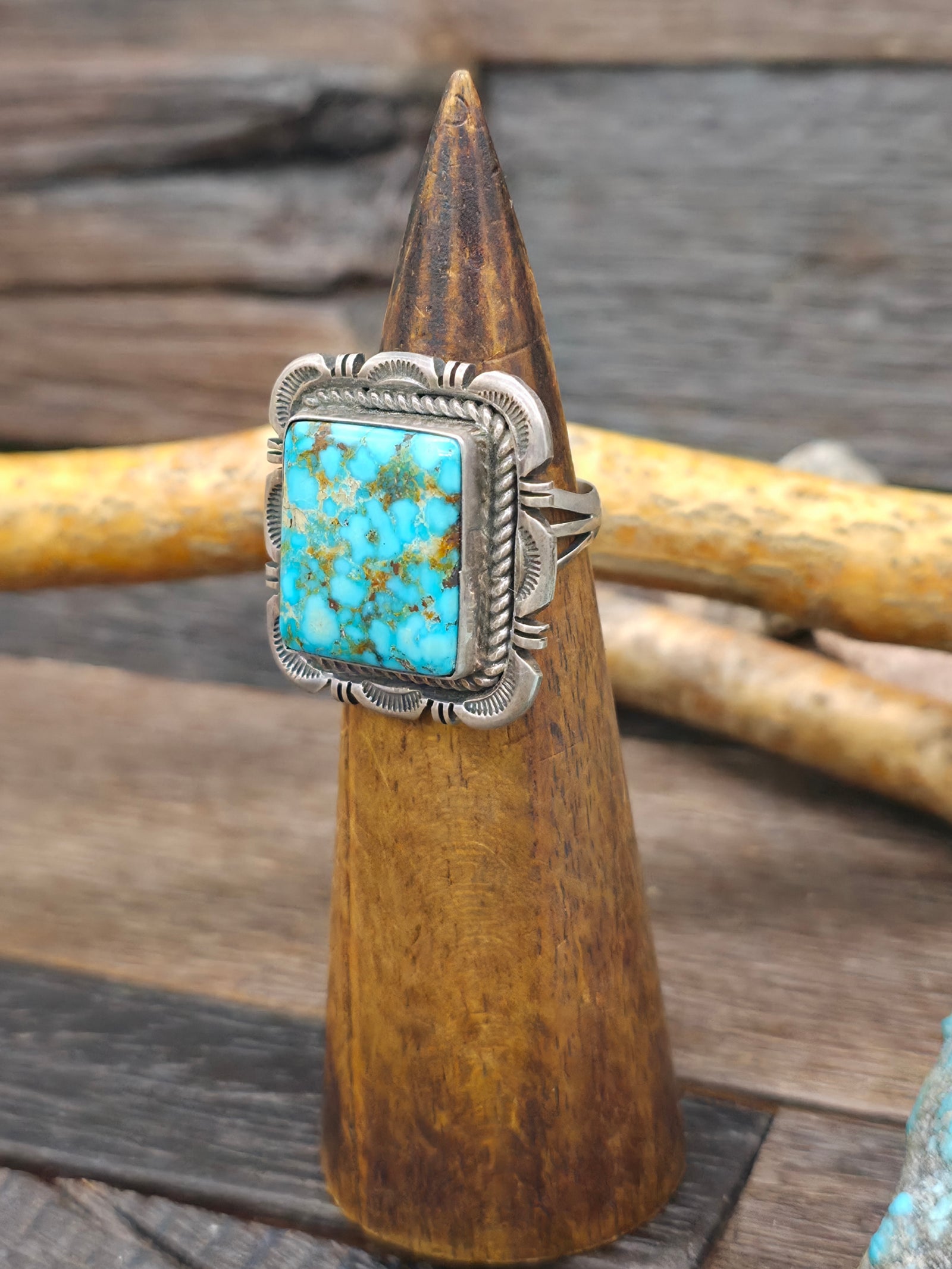 Square Stamped Sterling Silver Kingman Turquoise Ring by Fred Peters - Size 9