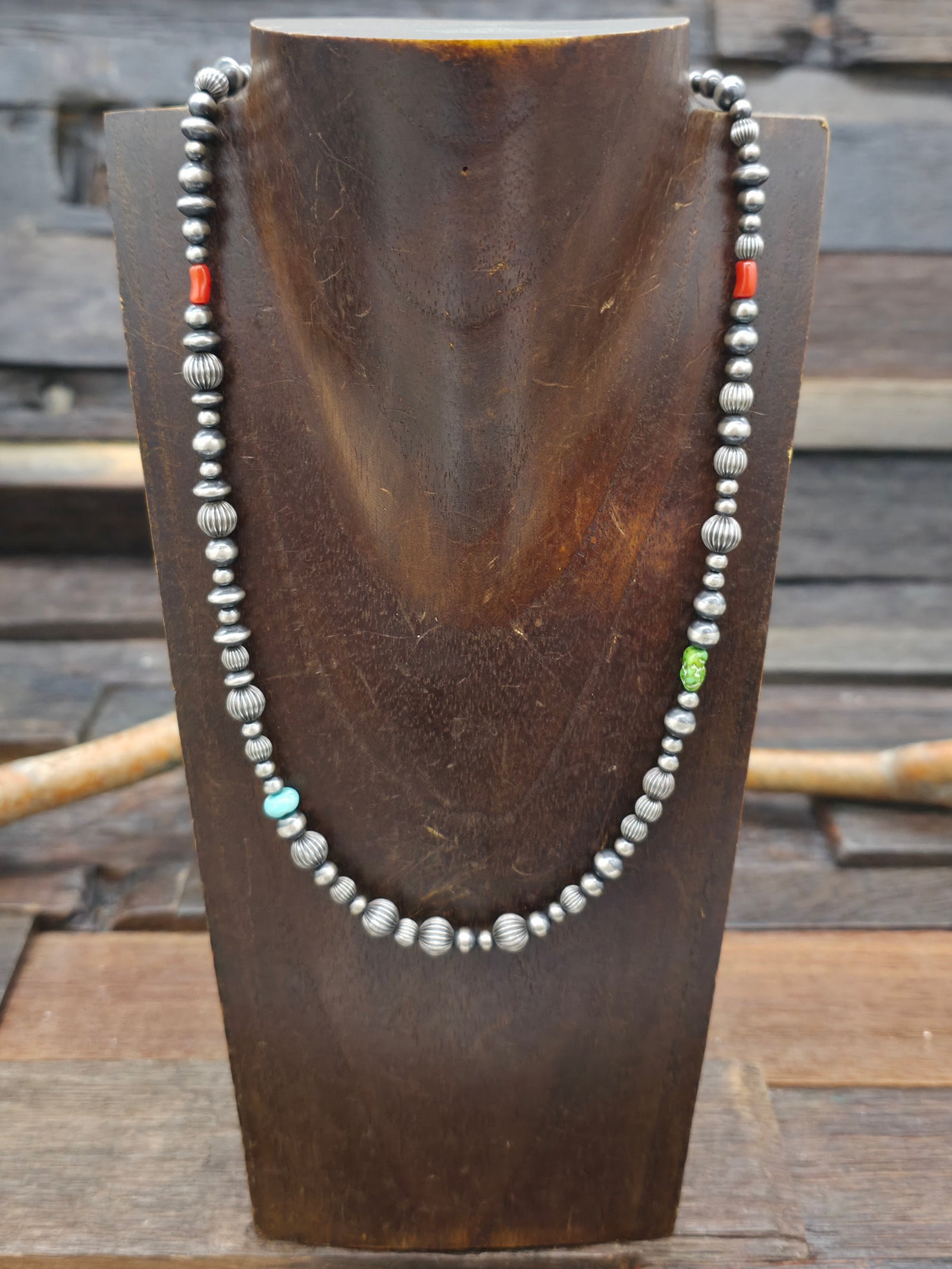 Oxidized Sterling Silver Mixed Bead Necklace with Larimar, Coral, Lapis, and Sonoran Turquoise - 22 in.