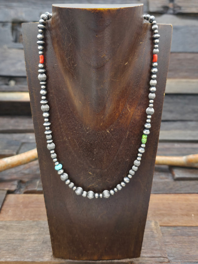 Oxidized Sterling Silver Mixed Bead Necklace with Larimar, Coral, Lapis, and Sonoran Turquoise - 22 in.