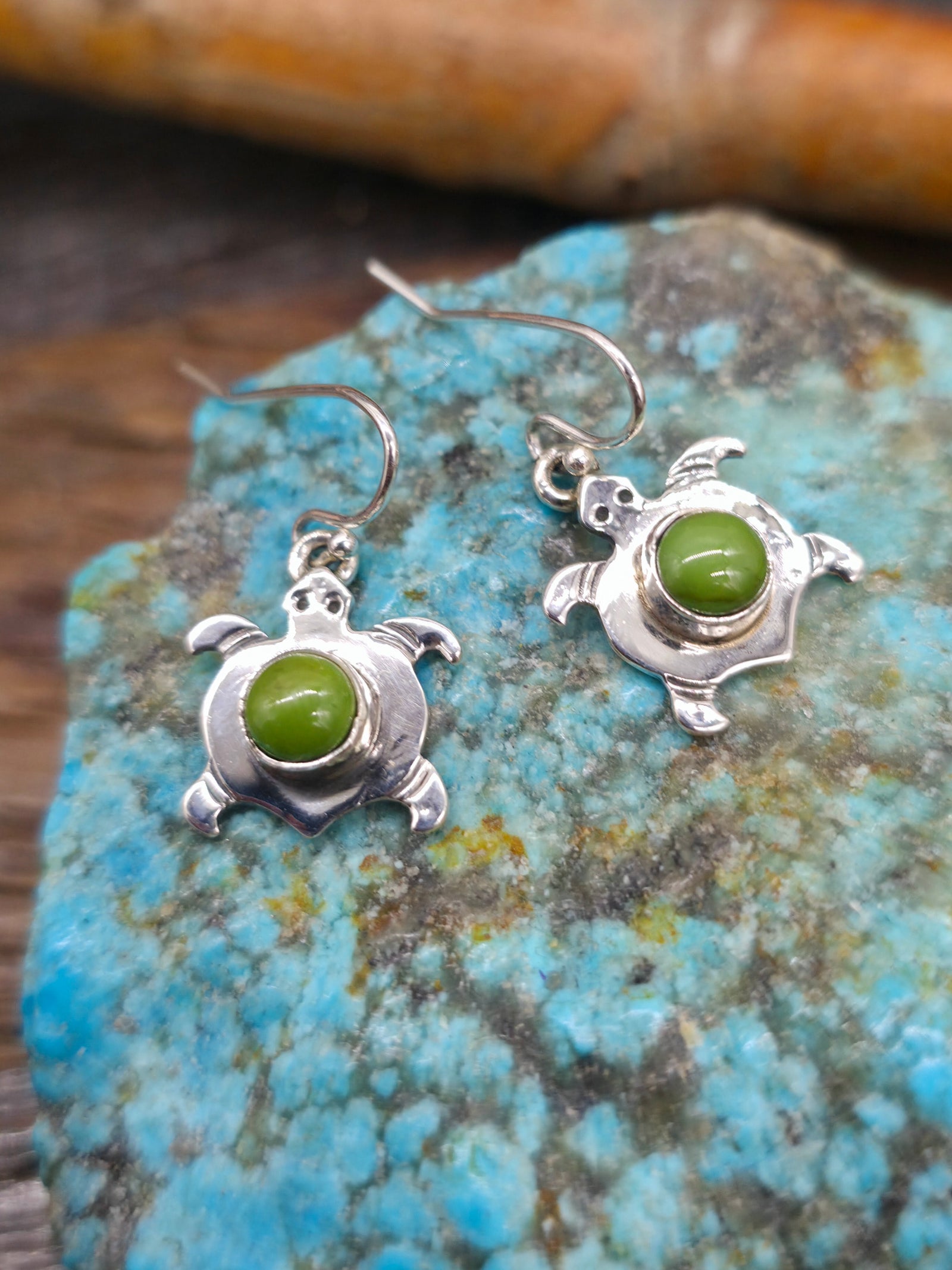 Sterling Silver Green Turquoise Turtle Earrings - 1 in. by 1/2 in.
