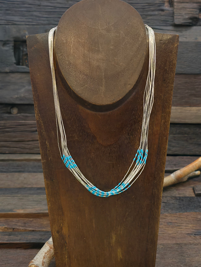 10 Strand Liquid Silver Necklace with Blue Beads - 18 In.  NOT NATIVE MADE