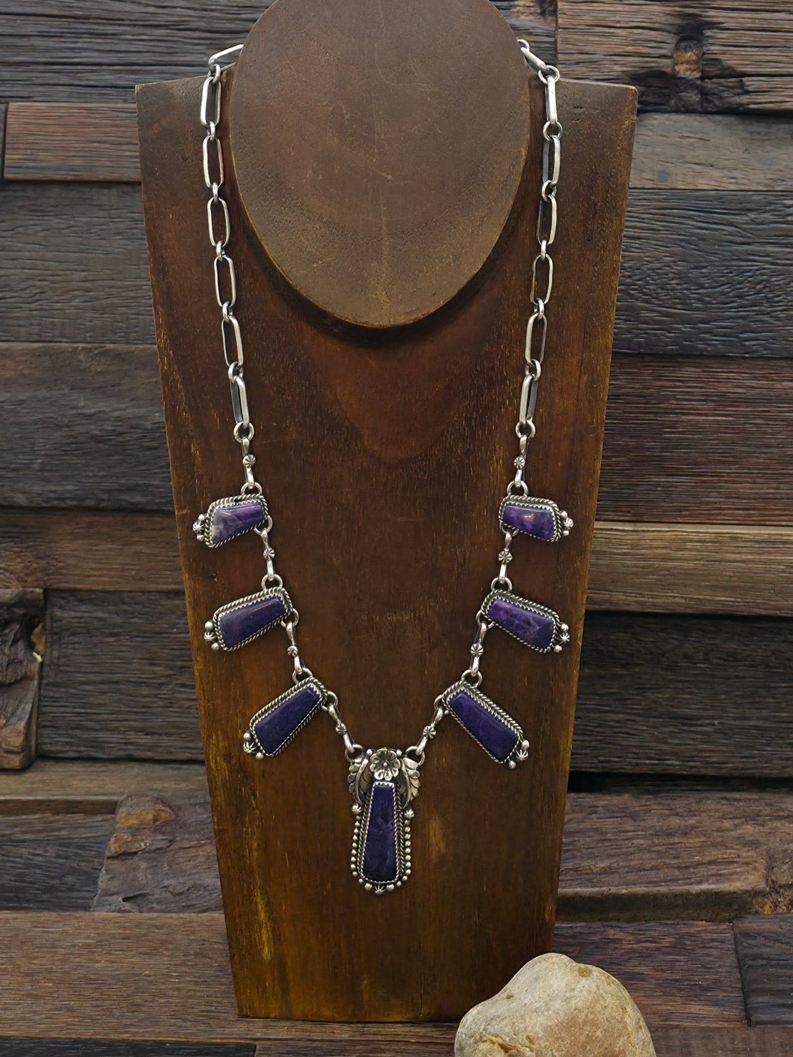 Sugilite and Sterling Silver Necklace with Flower by Brenda Jimenez - 21 in.